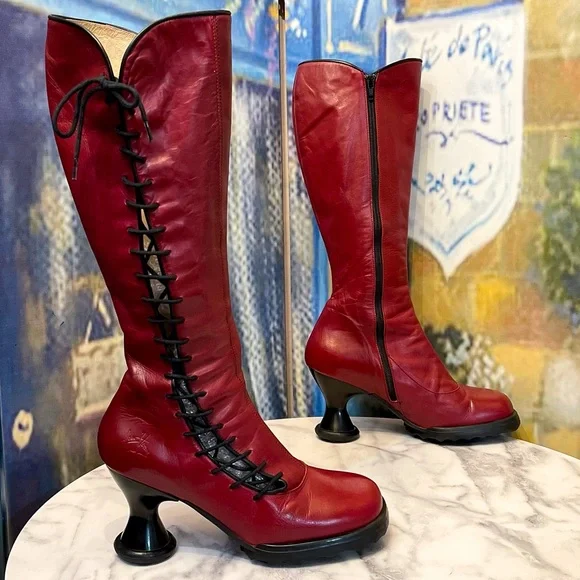 John Fluevog Mini Sugar Knee-High Lace-Up Boots Wine Black 9 GUC - Picture 2 of 11